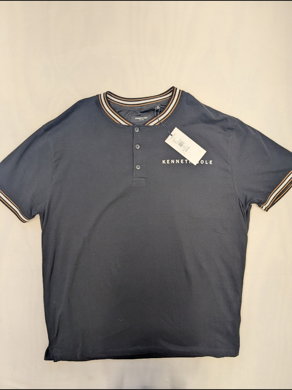 Kenneth Cole Navy Short-Sleeve Henley Polo with Striped Trim